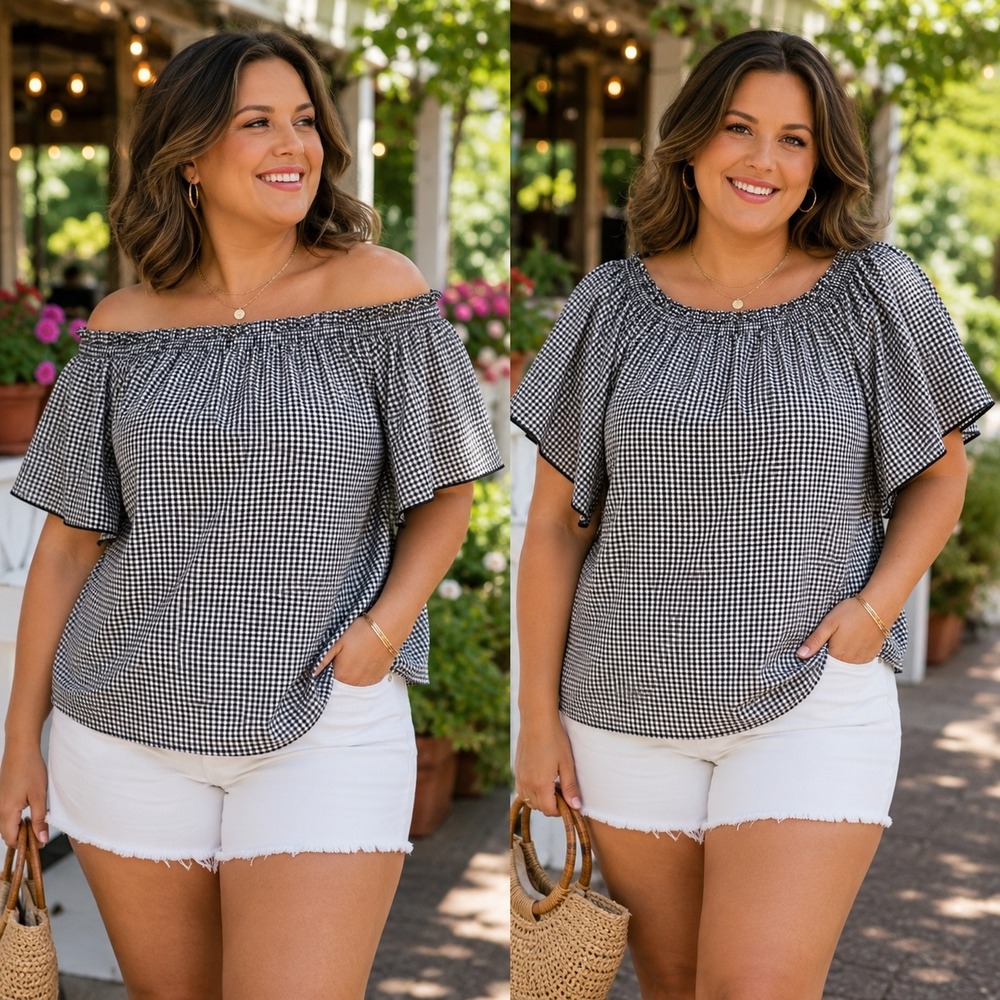 Lane Bryant Gingham Off Shoulder Top 18/20 Black White Flutter Sleeve Blouse